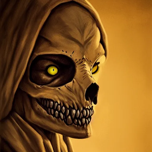 Image similar to portrait of the monster with the dear skull mask, wearing the robes, photography, highly detailed, crows eyes, gloom yellow-brown lights, 8k, artstation