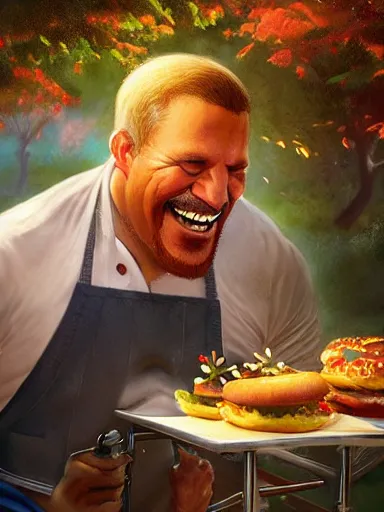 Image similar to a happy middle aged man fliping burgers in the grill on the lawn. intricate, elegant, highly detailed, digital painting, artstation, concept art, sharp focus, illustration, by justin gerard and artgerm, 8 k