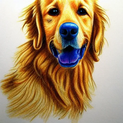 Prompt: finished 8 2 years old drawing of a golden retriever, crayons. high details, photorealistic, artstation trending