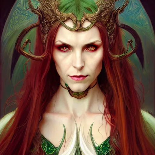 Prompt: Portrait of serious female elven priest, D&D, green eyes, face, long red hair, demon wings, fantasy, intricate, elegant, highly detailed, digital painting, artstation, concept art, smooth, sharp focus, illustration, art by artgerm and greg rutkowski and alphonse mucha