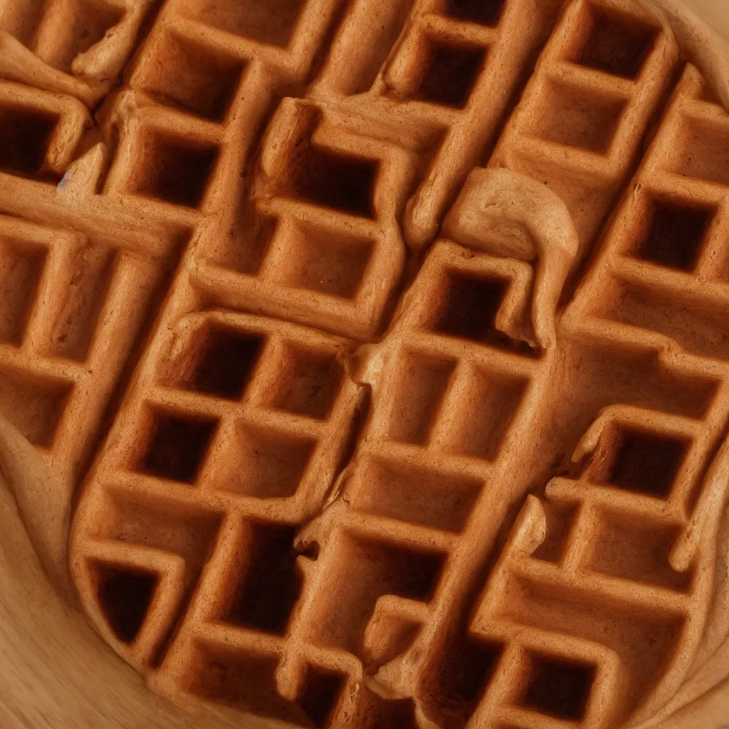 Prompt: close - up view of waffles on top of a wooden table, 8 k, high detail, photorealistic, proper shading