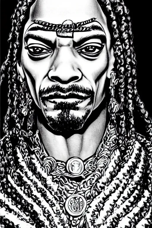 Image similar to Snoop Dogg as a knight, highly detailed, black and white, manga, art by Kentaro Miura