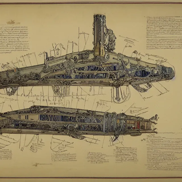 Image similar to detailed, intricate technical drawings on parchment from 1 8 4 0, with labels and notes, for a beautiful, symmetric, art deco submarine cutaway, by ron cobb and alphonse mucha