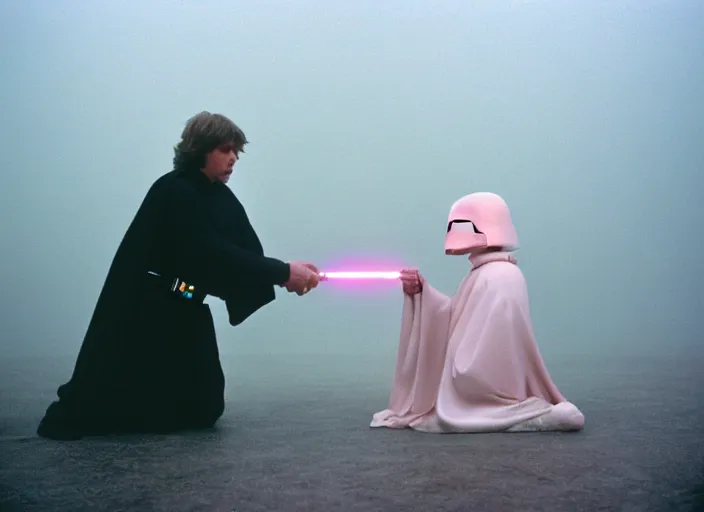 Image similar to Luke skywalker kneels before a star wars alien creature, the oracle, mystic. in a foggy pink land. 1983 Photographed with Leica Summilux-M 24 mm lens, ISO 100, f/8, Portra 400