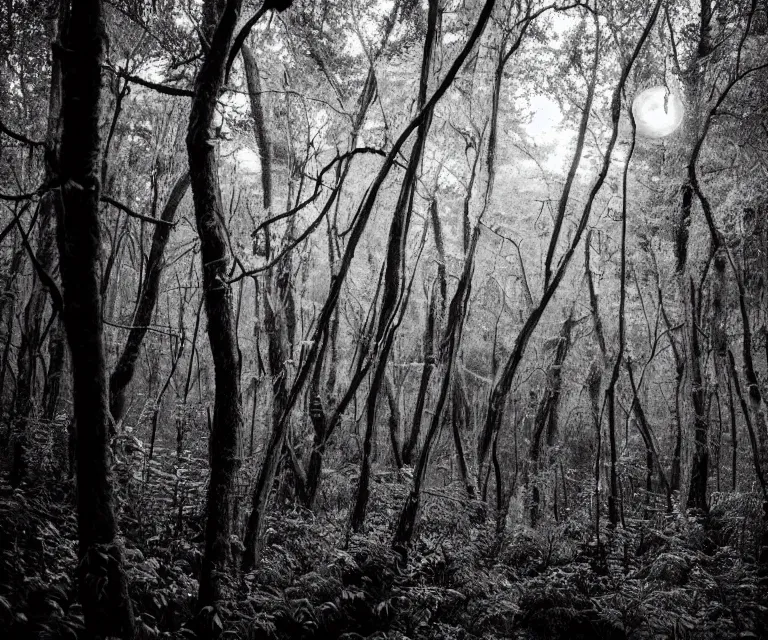 Image similar to a lush dense forest, glowing vines, black and white wildlife, moon shining, soft tones, highly detailed, 50mm