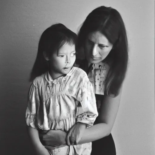 Prompt: 50 year old woman looking at her daughter, vintage photograph 35mm film, 1990s