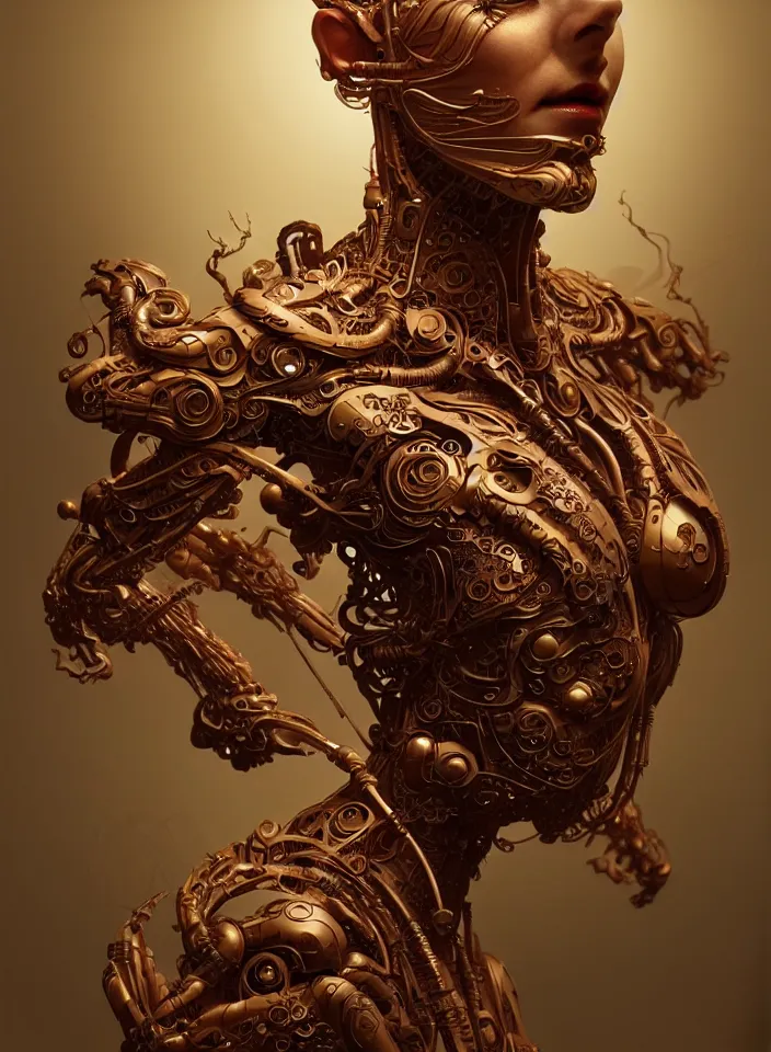 Image similar to organic cyborg, Chinese wood carving, diffuse lighting, fantasy, intricate, elegant, highly detailed, lifelike, photorealistic, digital painting, artstation, illustration, concept art, smooth, sharp focus, art by John Collier and Albert Aublet and Krenz Cushart and Artem Demura and James Jane