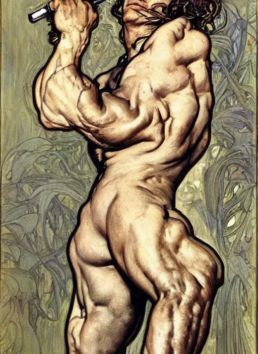 Prompt: a painting of arnold schwarzenegger by rebecca guay and by john william waterhouse and by arthur rackham and by alphonse mucha, art noveau, neo-classical, detailed, proportional