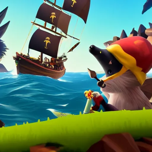 Image similar to hedgehog playing golf in sea of thieves, hedgehog wearing a pirate hat, cute, colourful, happy, adorable