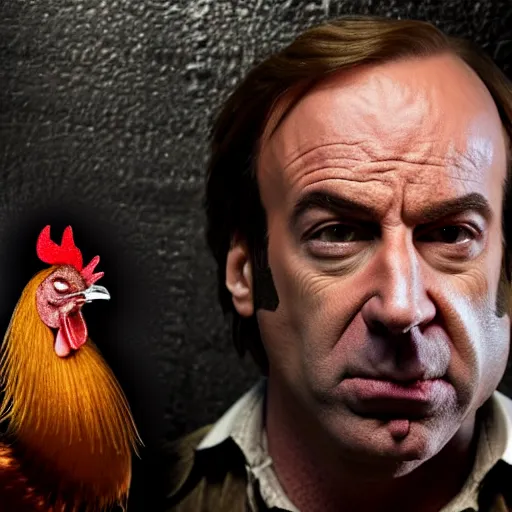 Image similar to saul goodman and a rooster in a medieval torture chamber, saw blades and knives in the background, horror movie, saul goodman face, rooster!!!!, real life photo, highly detailed face