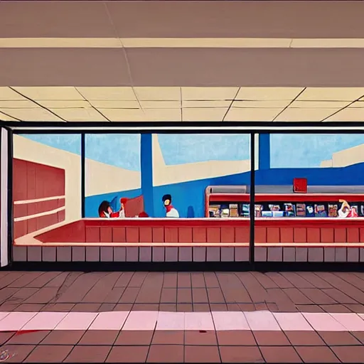 Image similar to red people with clouds at yellow blue art deco empty grocery store, open ceiling, highly detailed, painted by Francis Bacon and Edward Hopper, painted by James Gilleard, surrealism, airbrush, art by James Jean