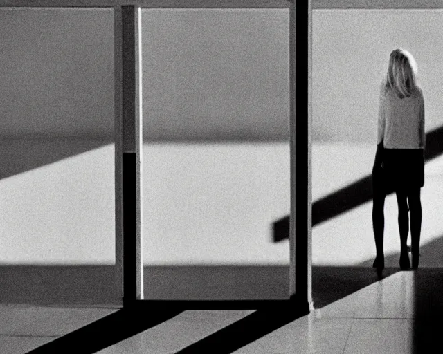 Prompt: a still of a woman standing behind a huge white balcony of a minimalist house, outside view, clear sky, minimalist composition, in the music video Wrapped Around your Finger (1983)