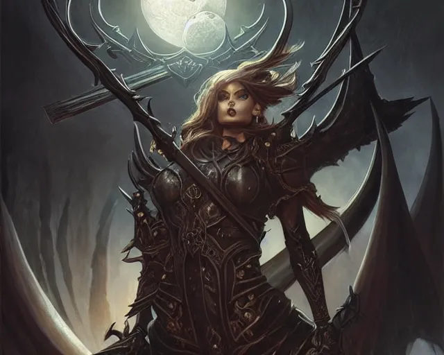 Prompt: demon hunter black gothic crossbow dramatic moon poser, deep focus, d & d, fantasy, intricate, elegant, highly detailed, digital painting, artstation, concept art, matte, sharp focus, illustration, hearthstone, art by artgerm and greg rutkowski and alphonse mucha