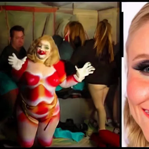 Prompt: gopro video of obese kristen bell in clowncore makeup