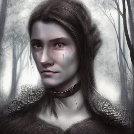 Prompt: head and shoulders portrait of a female knight with a worried expression, scars under her grey eyes. sad and tired eyes, broken neclace. background forest, very dark! high detail, matte painting, artstation top 1 0, photo in the style of angus mcbean.