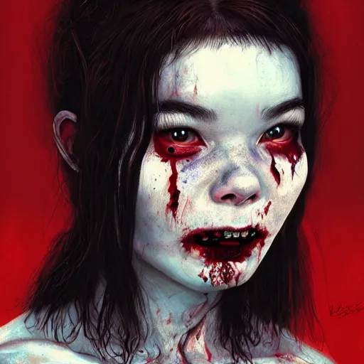 Prompt: head portrait of clothed young adult bjork as a zombie, 7 days to die zombie, gritty background, fine art, award winning, intricate, elegant, sharp focus, cinematic lighting, digital painting, 8 k concept art, art by michael hussar, art by brom, art by guweiz and z. w. gu, 8 k