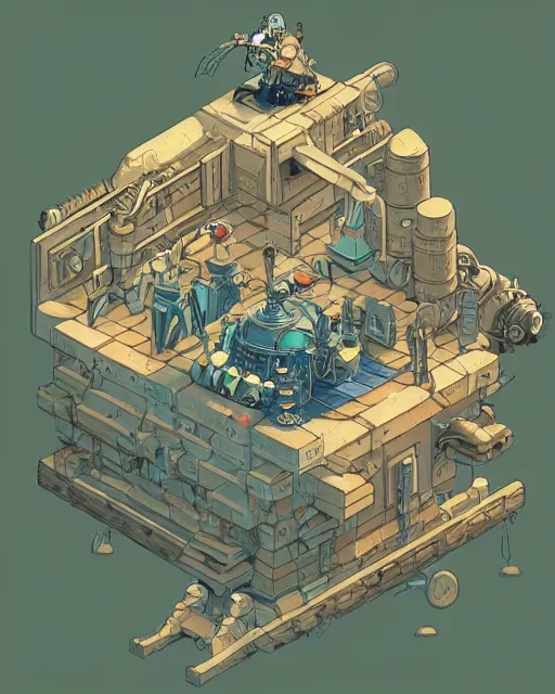 Image similar to a 2d isometric illustration of a steampunk robot warrior, art by studio ghibli and greg rutkowski and disney concept artists, isometric perspective, studio ghibli color scheme, octane, cgsociety, intricate, macro