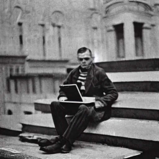 Prompt: Vladimir Mayakovsky stands on a cloud with a laptop in his hands and striped pants , Photojournalism , hyper detailed ,cinematic style