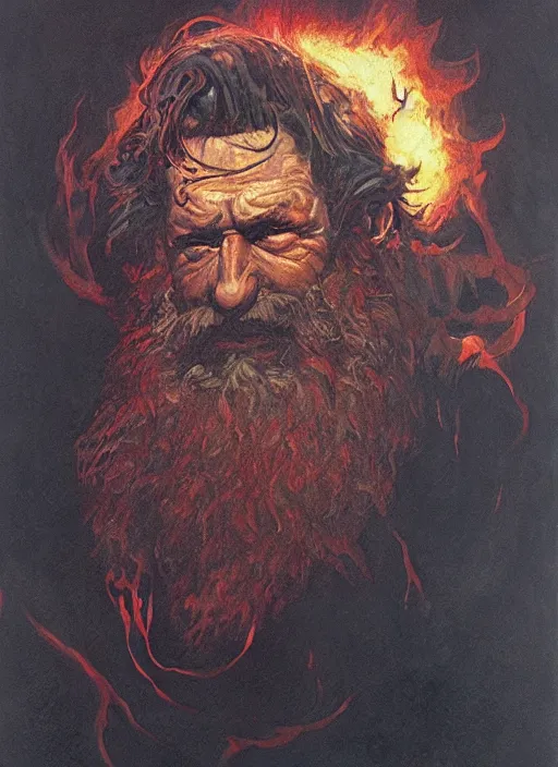 Image similar to portrait of grizzled sailor on sea of black flame, coherent! by brom, deep color, strong line, high contrast