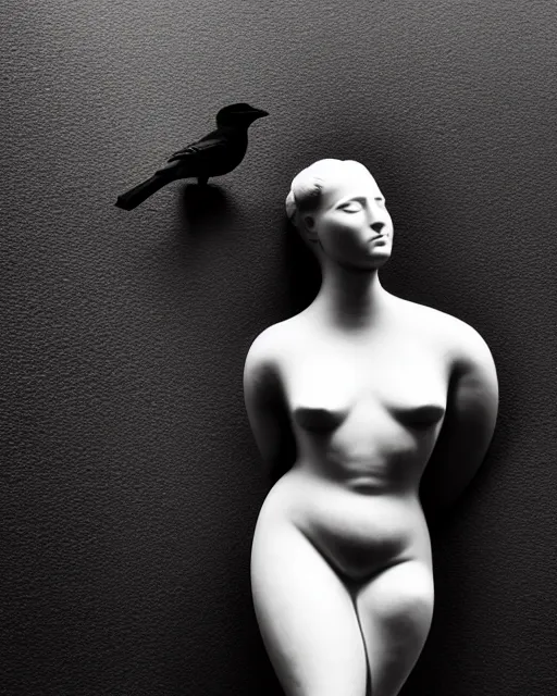 Image similar to surreal mythical dreamy dark artistic black and white fine art photo of a monumental wax sculpture of a female, orchid, bird, cybor