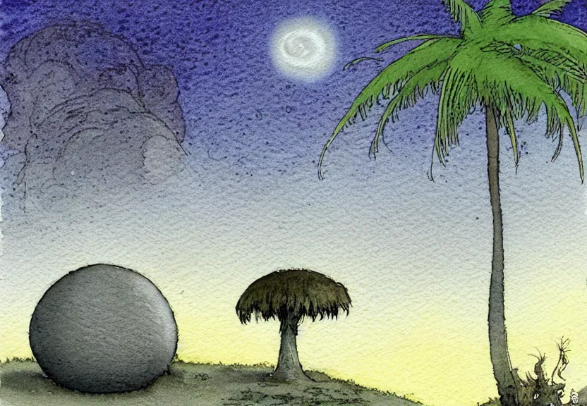 Prompt: a simple watercolor fantasy concept art of a dark grey boxy ufo next to a palm tree at night. by studio ghibli, rebecca guay, michael kaluta, charles vess