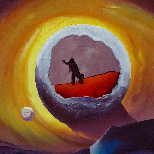 Image similar to Man eating the moon. Award winning painting. Artistic. 4K