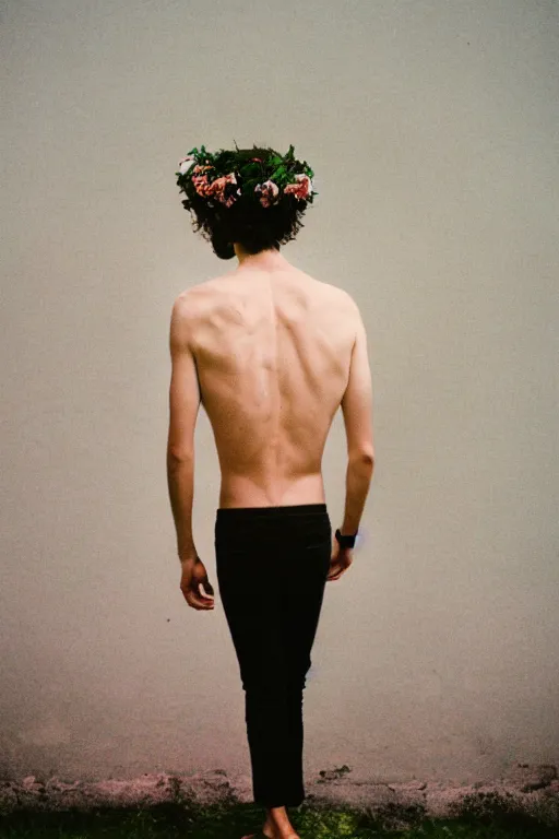 Image similar to kodak portra 4 0 0 photograph of a skinny guy looking into a otherworldly portal, flower crown, back view, vaporwave colors, grain, moody lighting, moody aesthetic,