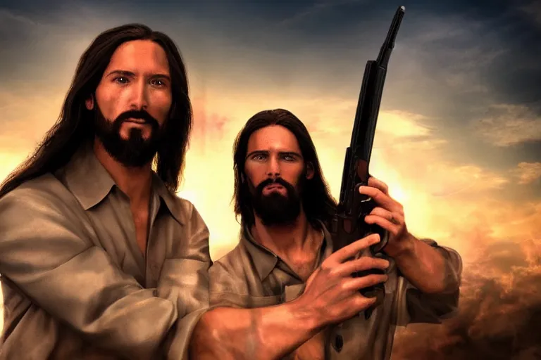 Prompt: real life photo of confident Jesus Christ holding a gun shooting the leader of Hell the Devil Hades, 8k, hyperrealistic, very detailed, clean, professional photography, epic composition, side profile, high contrast, upscaled, god rays