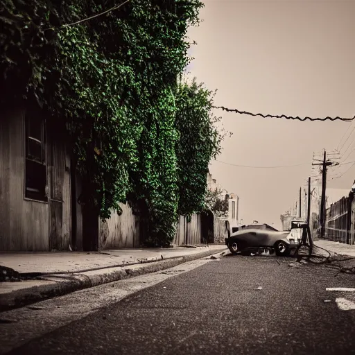 Image similar to a wandering horse left on the street, dark smoke in the background, filthy streets, broken cars. Vines growing. Jpeg artifacts. Trending on flickr. Samyang/Rokinon Xeen 50mm T1.5