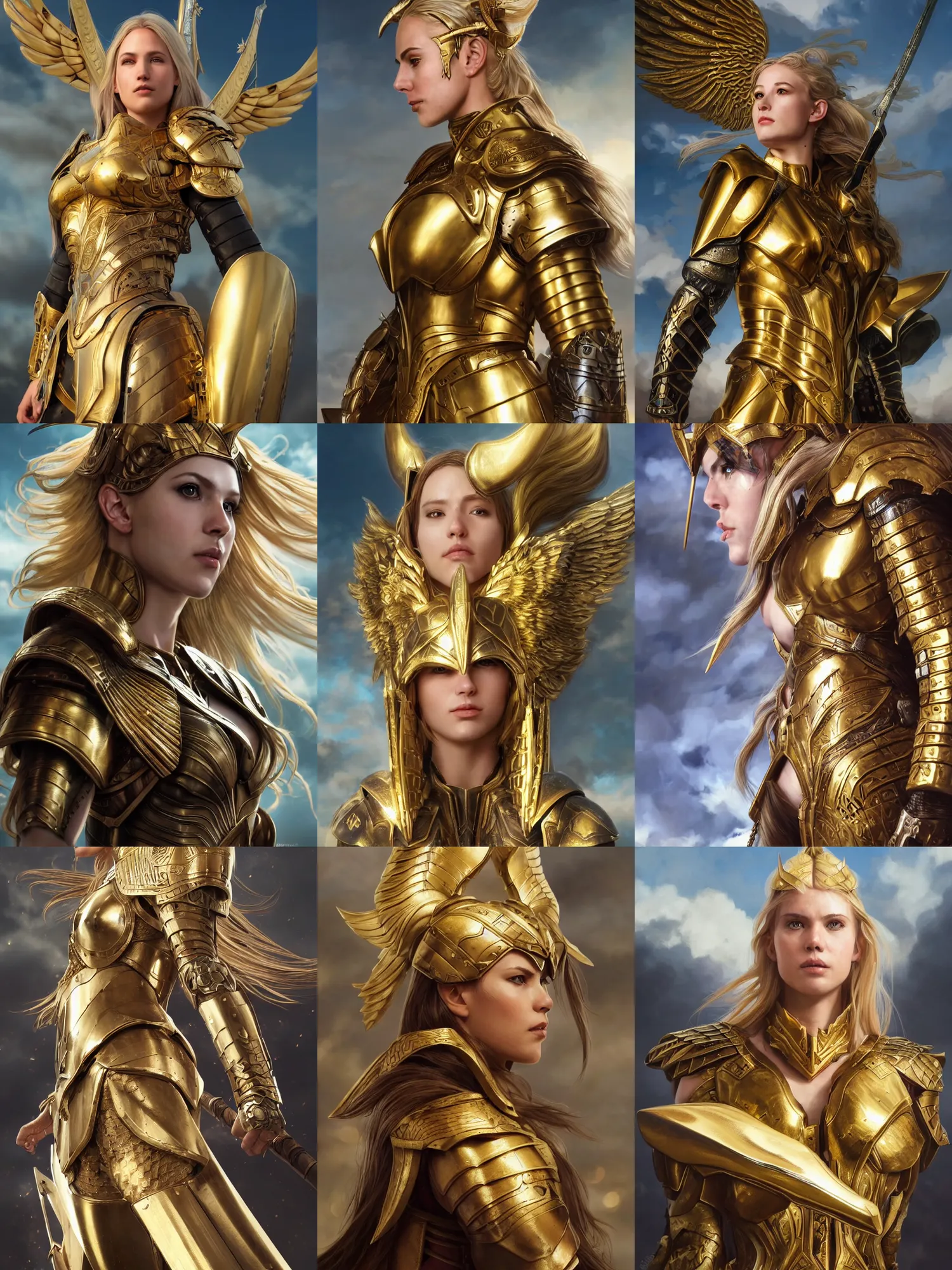 Prompt: portrait of fully armored norse valkyrie, brass plated, symmetric golden wings, divine vibes, light brown hair, white skin, shiny golden eyes, pretty, perfect face, sky background, sharp focus, highly detailed, cinematic lighting, studio quality, smooth render, unreal engine 5 rendered, octane, rendered, by artgerm, greg rutkowski, alphonse mucha