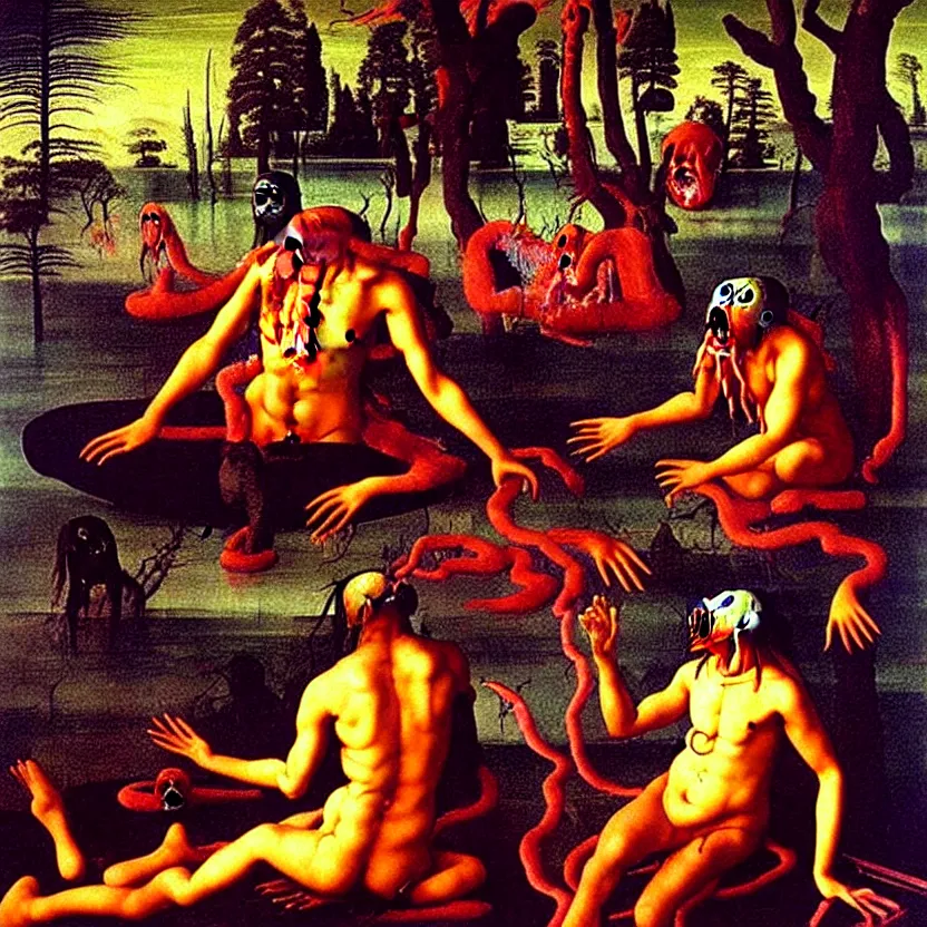 Prompt: a sacred painting of a beautiful flesh - eating timikawa with rainbow fur eating a screaming man, sitting on chair made of human limbs, the chair is floating in a lake of blood, surrounding the lake are melting trees, nightmare scene, supernatural, highly detailed, creepy, terrifying, famous painting by raphael and salvador dali