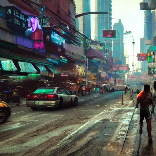 Prompt: crowded streets of manila turned cyberpunk filled with poverty, beggars and crime, deppresing image, unreal engine, artstation hd