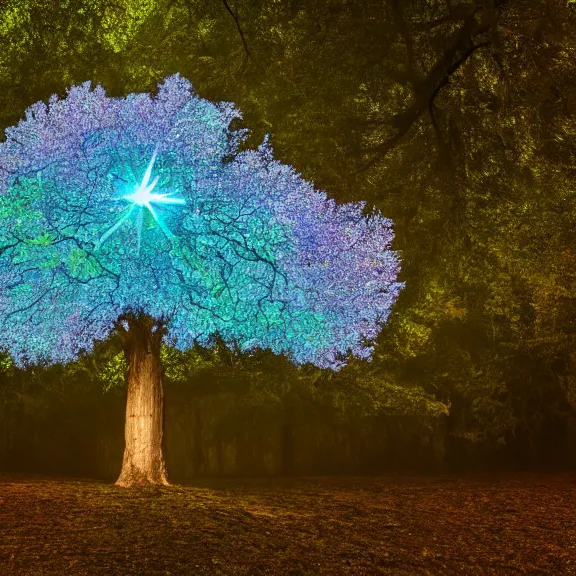 Prompt: crystal oak tree, phosphorescent skin, nacreous flare