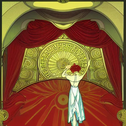 Prompt: flowing theatre red curtains, centered radial design, gold art nouveau graphic elements, painting by mucha, beautiful lighting, anime, studio ghibli, norman rockwell, trending on artstation