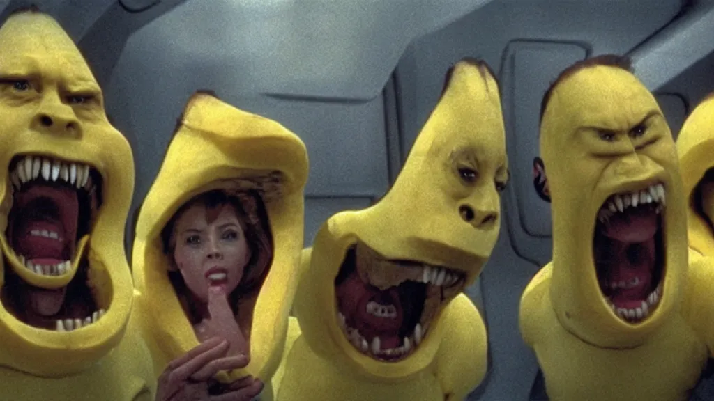 Image similar to giant monsters made of bananas and sharp teeth eating people, star trek, film still from a movie directed by Denis Villeneuve with art direction by Salvador Dalí, wide lens