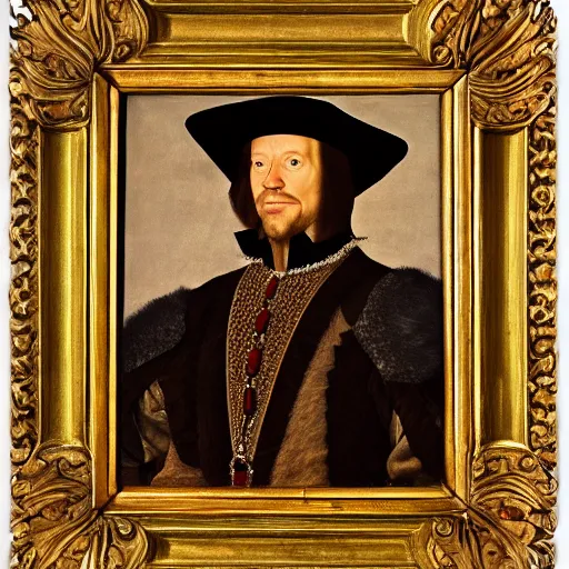 Image similar to a highly detailed portrait of dwane the rock johnson, wearing elegant tudor clothes, inside a room with thick red tapestries, oil painting by hans holbein and alessandro allori and richard burbage