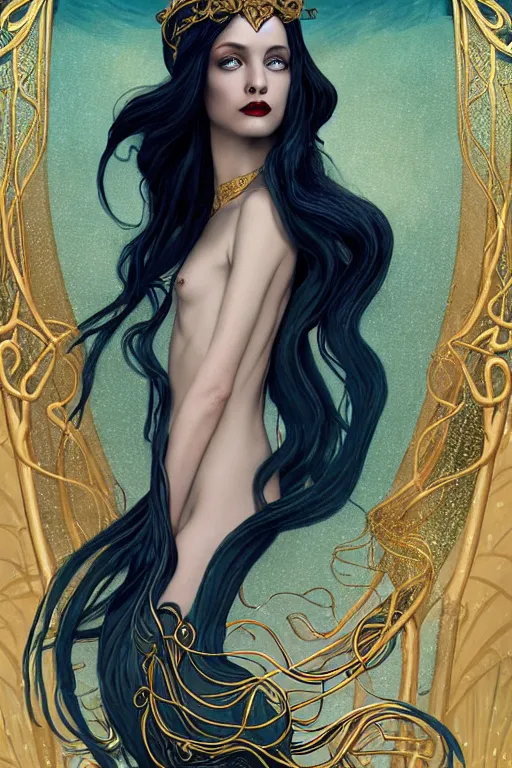 Image similar to a beautiful dark androgynous mermaid, pinup pose, long hair, tall and thin, wearing dozens of pendants and a gown of gold, small delicate crown of the sea on her head, illustration, dramatic lighting, soft details, painting oil on canvas, (art nouveau), octane render, HDR, 4k, 8k, HD, by Brom, Charlie Bowater, (j.c. Leyendecker), faces by otto schmidt