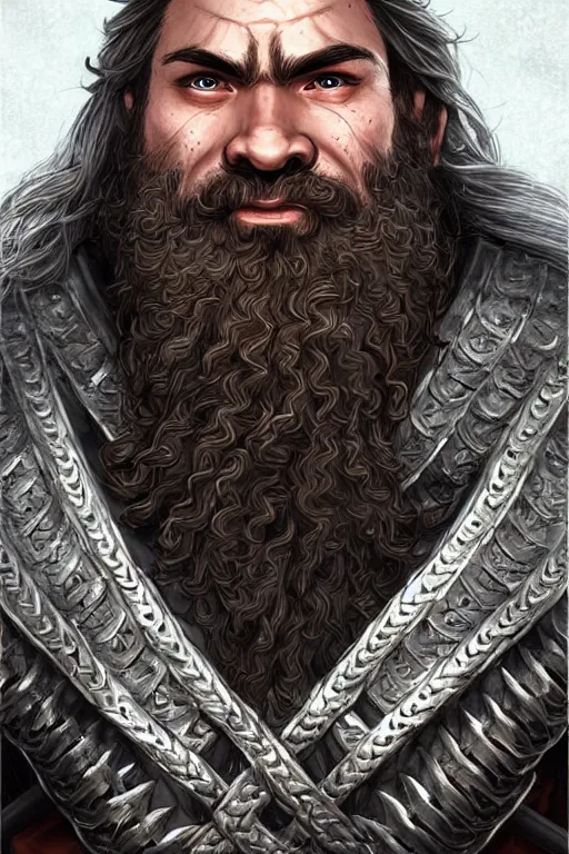 Prompt: attractive and rugged male dwarf warrior with a braided beard wearing chainmail armor, character portrait, concept art, intricate details, highly detailed photorealistic, concept art, art in the style of adam hughes, seseon yoon, artgerm and warren louw