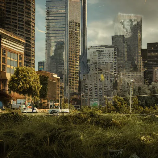 Prompt: a world fallen by disease, seattle completely wasted away, nature taken over and grow over buildings, high quality photorealism, cinematic, epic, Deviantart, Octane render