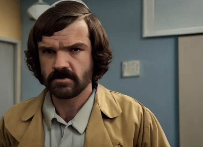 Image similar to film still of jim hopper as mike wheeler in stranger things, 8 k