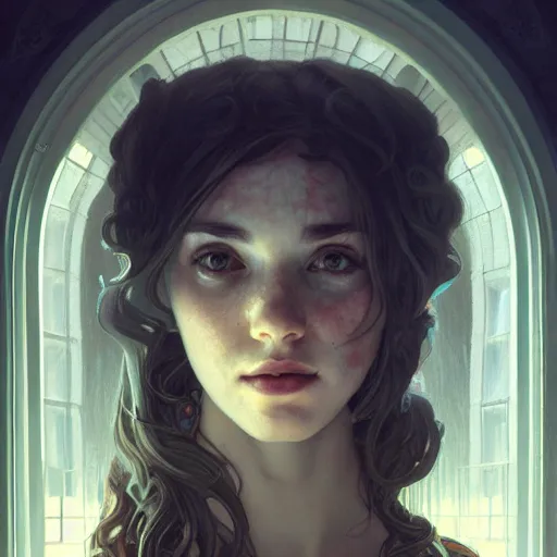 Image similar to perfectly - centered - portrait of a beautiful lady inside abandoned asylum, light comes from the window, intricate, highly detailed, digital painting, artstation, concept art, smooth, sharp focus, illustration, unreal engine 5, 8 k, art by artgerm and greg rutkowski and alphonse mucha