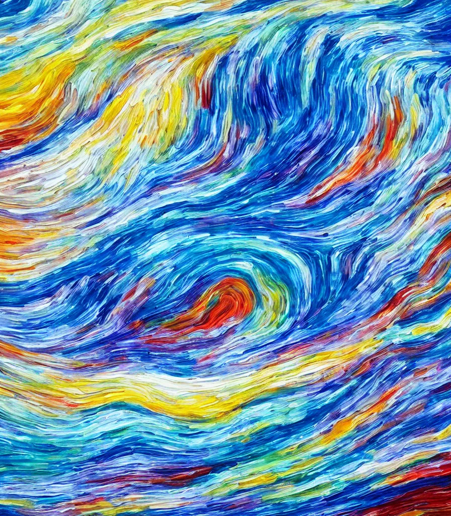 Image similar to an impasto oil painting of a barreling wave, traidic color scheme, high detail, breathtaking wave, modern art, abstract art, energetic colors