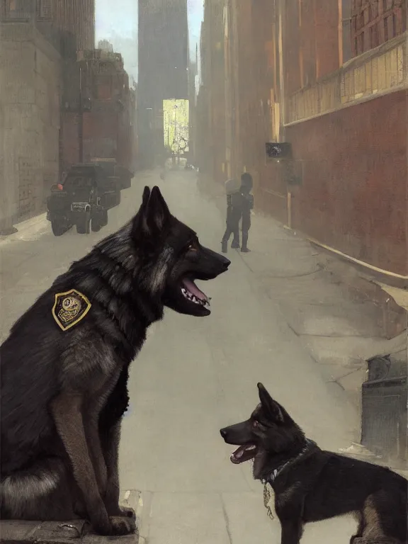 Image similar to new york city portrait of furry anthro anthropomorphic german shepard head animal person fursona wearing clothes nypd traditional police uniform in the alley, sunny day, digital art by Nerdrum John, William Waterhouse, Winslow Homer, Alex Heywood, Jordan Grimmer, Darren Quach, Greg Rutkowski, Simon Stalenhag, trending on Artstation, CGSociety