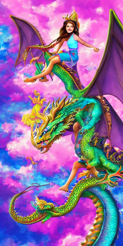 Prompt: teenage girl riding a dragon, digital art, highly detailed, smooth, lisa frank, realistic, bright