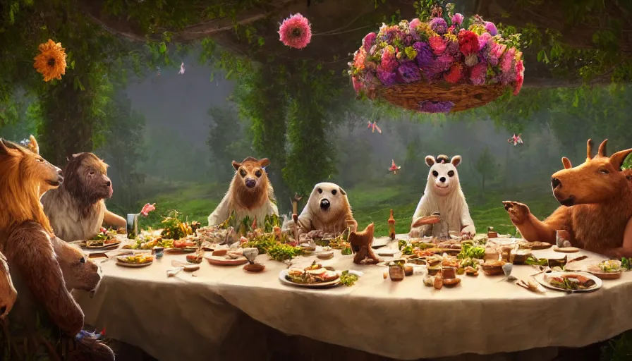 Image similar to a table dinner of animals where animals are dressed like the characters from the midsommar movie wearing flowers, realistic detailed digital art by maxwell boas jessica rossier christian dimitrov anton fadeev trending on artstation cgsociety rendered in unreal engine 4 k hq