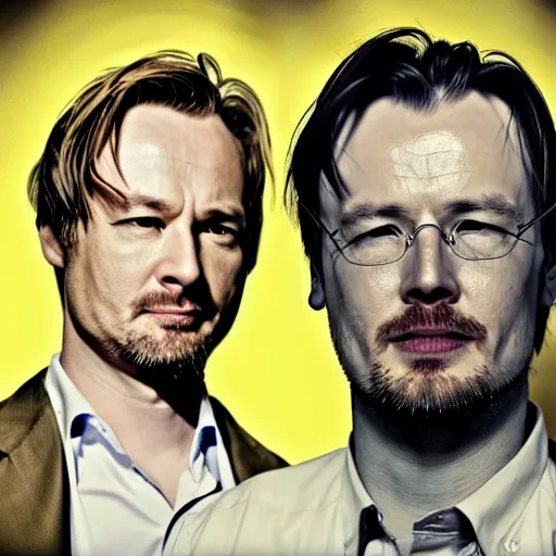 Image similar to Hideo Kojima and Christopher Nolan as Jesse Pinkman and Walter White, matte paint, portrait, very coherent, airbrush