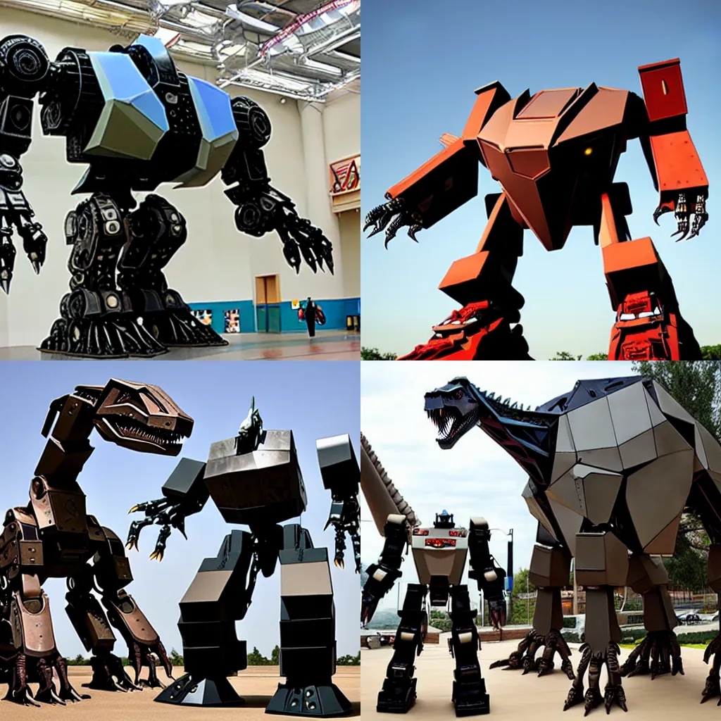 Prompt: giant mech robot is real leather dinosaurs, robot legs are dinosaurs, voltron