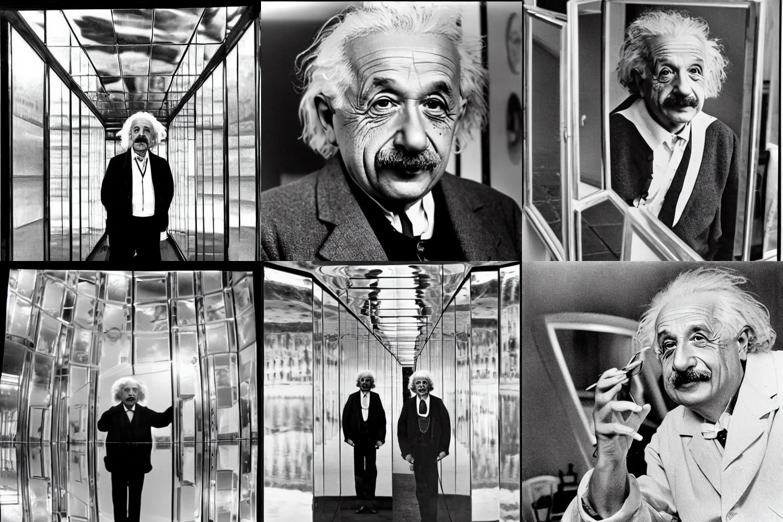 Prompt: albert einstein in a mirrored room, reflecting him from all angles, prize winning photo, 4k