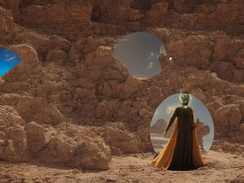 Image similar to levitating glowing bene gesserit with full - face golden mask and glowing eyes in a dry rocky desert landscape, sunny atmosphere, fata morgana giant mirrors, giant alien spaceship in the sky by alejandro jodorowsky, anamorphic lens, kodakchrome, cinematic composition, practical effects, 8 k,