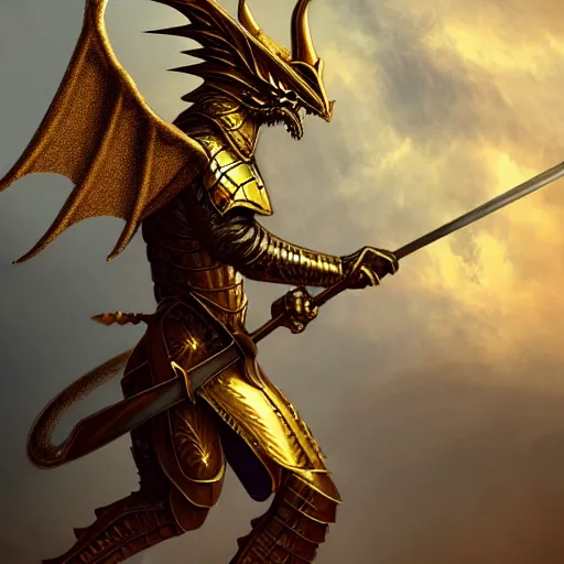 Image similar to an anthro winged dragon in a golden medieval armor, holding a sword, digital art, fantasy art, matte painting, trending on Artstation